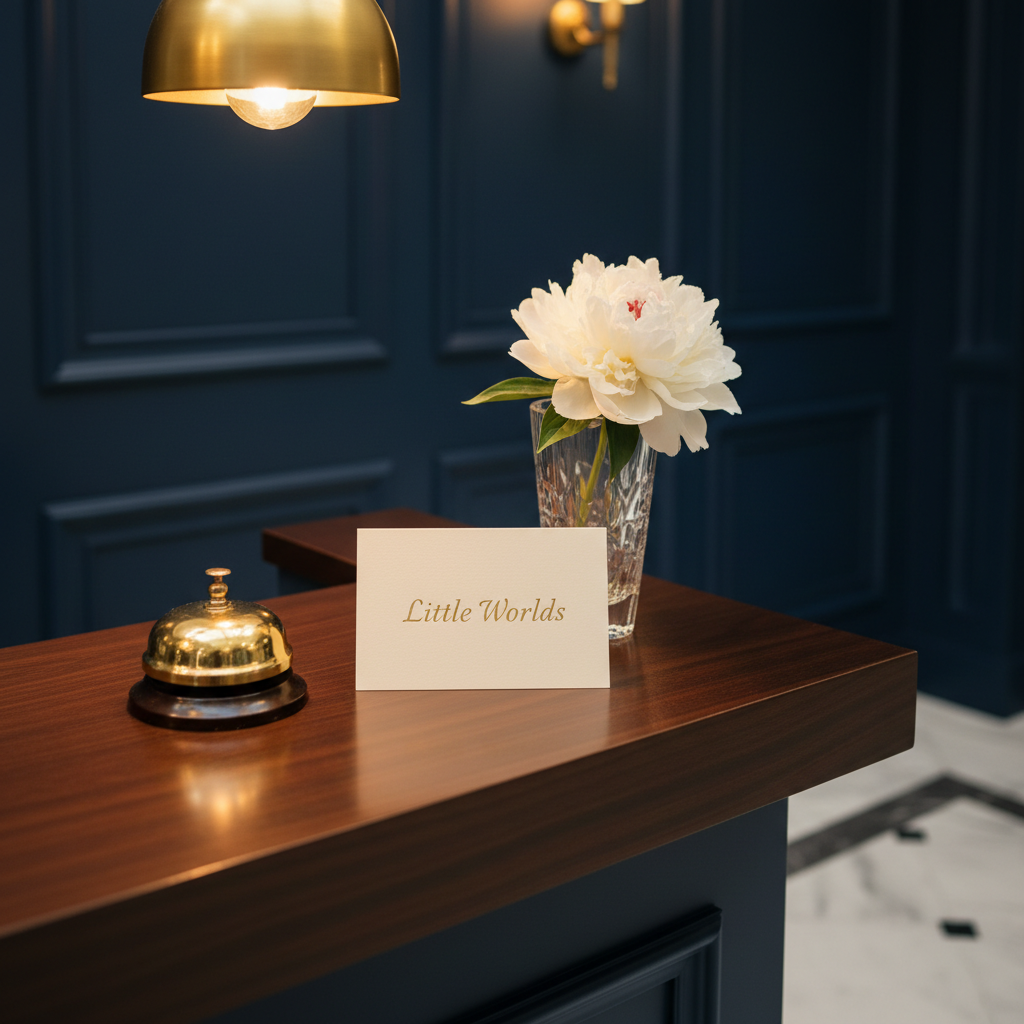An elegantly styled hotel concierge desk corner subtly dedicated to luxury babysitting services, captured in photographic realism. On a dark walnut surface rests a thick, embossed card reading “Little Worlds” in delicate gold foil beside a vintage-inspired brass hotel bell and a crystal vase with a single white peony. Behind, a softly out-of-focus backdrop reveals rich navy paneling and a glimpse of a marble lobby floor. Overhead pendant lighting casts a warm, golden glow, creating delicate reflections on the polished wood and brass. Framed in a rule-of-thirds composition from a slightly elevated angle, the atmosphere feels exclusive, discreet, and impeccably professional, evoking trust and high-end service in Venetian four- and five-star hotels.