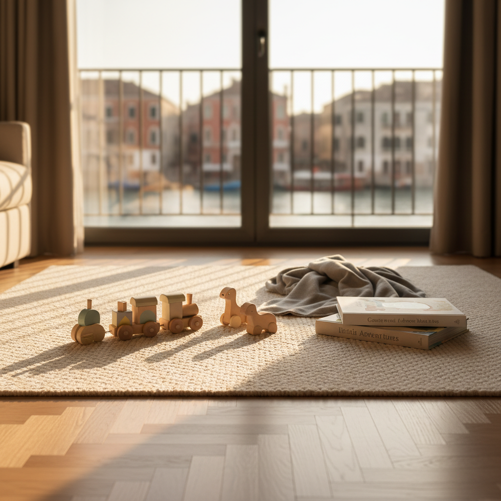 A meticulously arranged luxury babysitting setup in a spacious, modern hotel suite in Venice, photographed in realistic detail. A plush, cream-colored play rug lies on polished oak parquet, hosting a small collection of high-quality wooden toys, linen picture books, and a neatly folded cashmere baby blanket in soft dove grey. In the background, a large window reveals an elegant, softly blurred view of Venetian rooftops and a hint of a canal. Warm late-afternoon sunlight pours in, casting gentle, elongated shadows and subtle highlights on metallic toy details. Shot at eye level with a shallow depth of field, the composition feels calm, refined, and welcoming, embodying a sophisticated, five-star aesthetic suitable for discerning families.