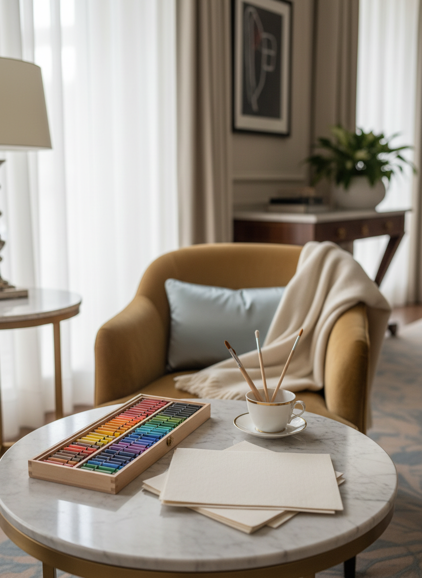 A beautifully organized babysitting activity station in a luxury hotel lounge near Venice, rendered in crisp photographic realism. A low, round table in pale marble hosts premium art supplies: neatly arranged beeswax crayons, thick cotton paper, and a small porcelain cup holding natural-bristle brushes. Nearby, a pale blue silk cushion and a soft alpaca throw are draped over a velvet armchair, suggesting comfort. Through sheer curtains, diffused morning light filters in, producing a luminous, airy atmosphere with gentle, barely-there shadows. Shot from a slightly elevated angle with sharp focus on the table and a tastefully blurred background of muted, elegant decor, the mood is serene, creative, and quietly luxurious, underscoring the refinement of the babysitting experience.