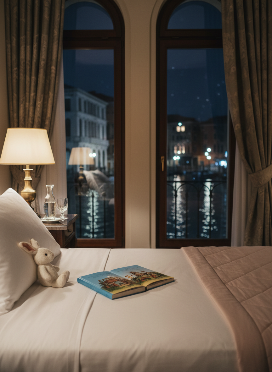 A refined nighttime babysitting scene in a Venetian hotel suite, without human presence, captured in cinematic photographic style. A child’s bed is turned down with immaculate white hotel linens, a pale blush quilt, and a small, impeccably clean plush rabbit resting on the pillow. On the nearby bedside table, a classic hardcover storybook lies open next to a crystal carafe and glass of water, with a soft, warm bedside lamp casting a gentle pool of light. Beyond, tall windows reveal twinkling reflections on a distant canal, softly blurred. Shot at eye level with a shallow depth of field, the composition feels intimate, secure, and peaceful, conveying a sense of careful evening routine in a five-star setting.
