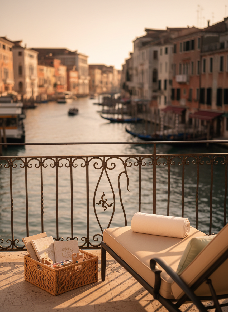 An opulent Venetian hotel terrace overlooking a canal, subtly prepared for refined babysitting, shown in detailed photographic realism. A small, elegantly crafted rattan play basket sits beside a wrought-iron balustrade, filled with curated wooden puzzles, linen-wrapped storybooks, and a compact watercolor set. A luxurious, sand-colored outdoor lounge chair holds a rolled cashmere throw and a pale mint cushion, suggesting comfort during quiet playtime. The golden hour sun bathes the scene in warm light, catching the soft ripples on the canal below and casting intricate shadows through the ironwork. Framed from a slightly elevated three-quarter angle, with the terrace elements in sharp focus and the canal and palazzi gently blurred, the mood is sophisticated, tranquil, and unmistakably Venetian.